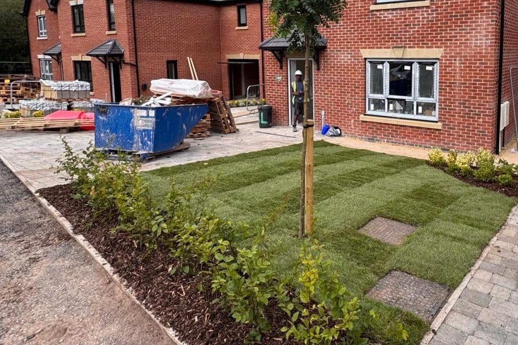 A new front garden of striped turf with a young rowan on a stake and a bark-mulched bed of young shrubs along the kerb, in front of a red-brick house on an active development